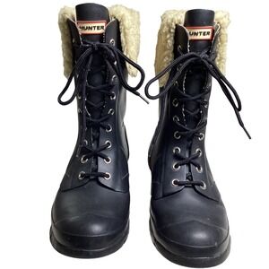 Hunter Adley Lace‑Up Rain Boots, Black, Shearling Trim, UK 7 (US 9 / EU 40)
